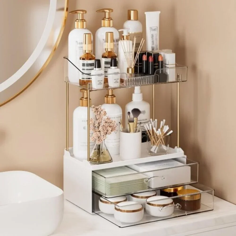 New 4-Tier Clear Bathroom Organizer, 2-Drawer Makeup & Skincare Vanity Storage